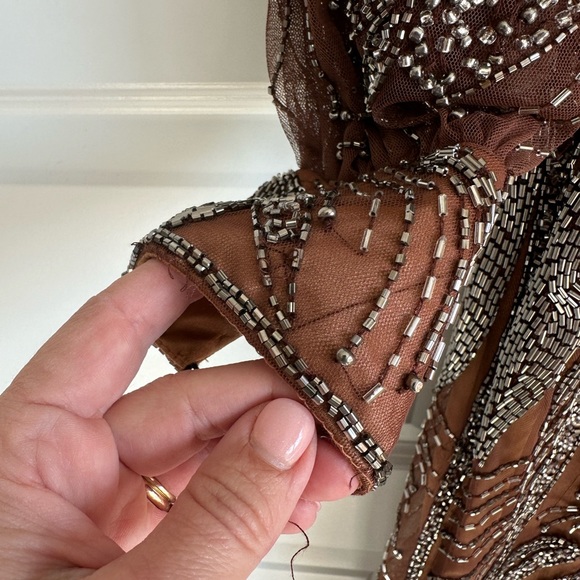 Mac Duggal Style 5295 Beaded‎ Long Sleeve Wrap Mini Dress in Mocha- NWT - Picture 13 of 13